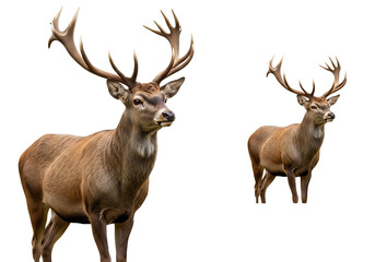 Two majestic red deer stags with antlers isolated on transparent background