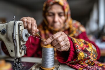 Close-up of Turkish seamstress threading machine with safe concealed grip.