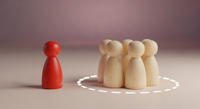 Red pawn stands apart from a group of wooden figures within a boundary circle, individuality