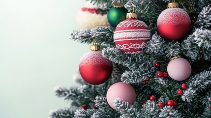 Obraz premium A festive evergreen fir artificial Christmas tree with red and green ornaments and frosted snow.