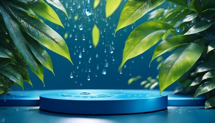 vivid scene of vibrant green leaves water droplets and a blue pedestal