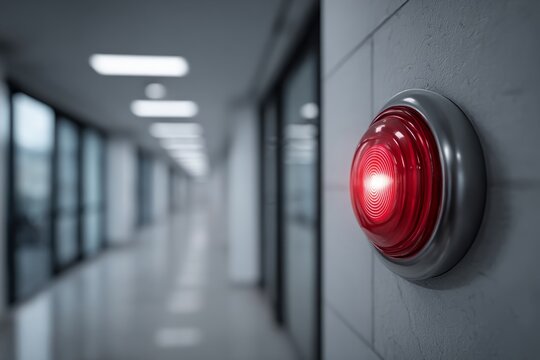 Emergency fire alarm light is blinking red on a wall in a blurred office hallway