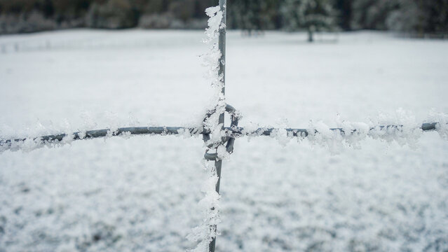 Snow-covered wire fence in alpine landscape