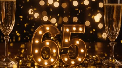 Illuminated 65 marquee numbers stand between sparkling champagne flutes amid golden confetti and warm bokeh lights, celebrating a glamorous milestone anniversary or birthday.