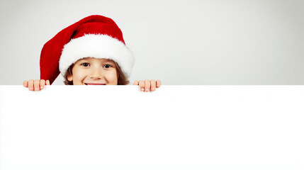 A cheerful child wearing a Santa hat smiles while holding a blank white sign, creating a festive and playful Christmas scene perfect for holiday messages and winter promotions