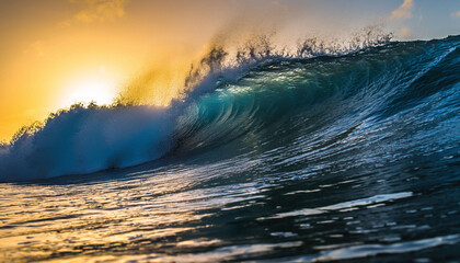 Powerful ocean wave crests at sunset, turquoise water illuminated by golden light. Evokes strength, natures beauty, perfect for travel or motivational themes.