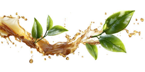 A splash of liquid with a leaf in it. The leaf is green and the liquid is brown