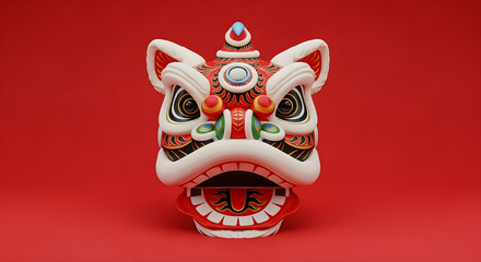 Decorative chinese lion dance head on a red background for lunar new year celebration