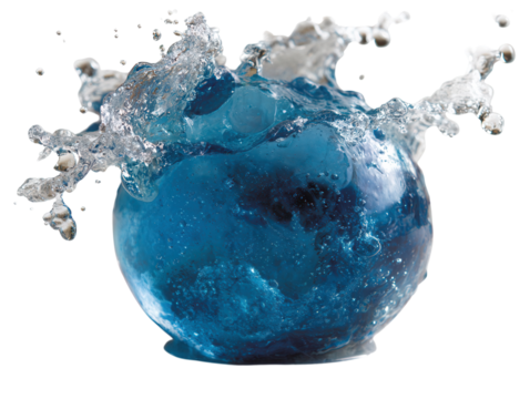 Circular splash of blue water forming a sphere.