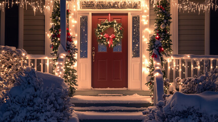 Welcoming Christmas Front Porch at Night