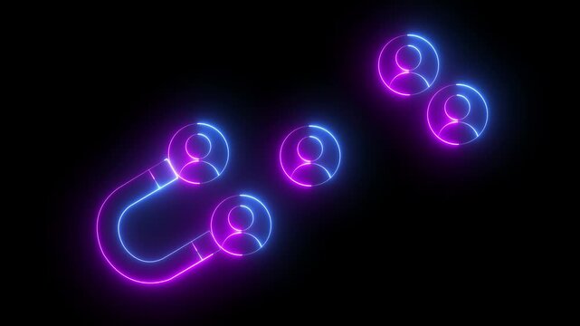 Glowing neon Social media attraction icon animation showing a magnet drawing multiple users. Customer attracting icon. Customer retention, support and service. Customer people's attracting with magnet
