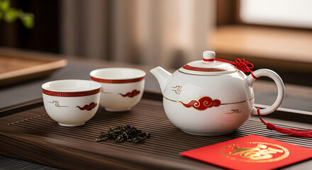 Elegant chinese tea set with red envelope on a wooden tray for lunar new year