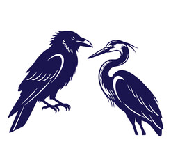 Elegant vector illustration of a raven and heron silhouetted in dark blue