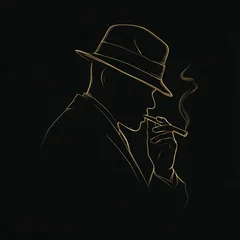 Noir Silhouette: A sharply defined silhouette of a man in a fedora, exuding an air of mystery and classic style, as he holds a cigar, illuminated against the darkness. © Junior