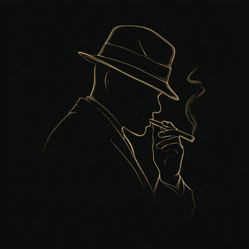 Noir Silhouette: A sharply defined silhouette of a man in a fedora, exuding an air of mystery and classic style, as he holds a cigar, illuminated against the darkness.