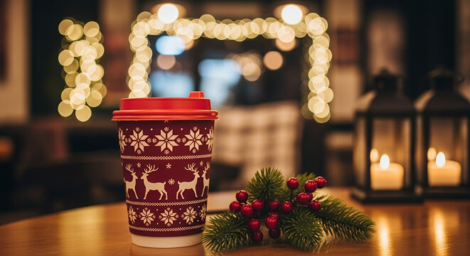 Warm holiday beverage in festive cup beside decorative branches  