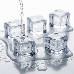 A refreshing stream of pure water pours onto melting frozen ice cubes creating a cool splash