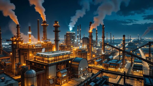 Huge industrial refinery complex with smoking chimneys illuminated at night against deep blue sky, concept of heavy industry and technology