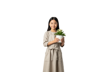 A cute young Asian girl wearing a beige apron smiles while holding a potted white flower against a white background
