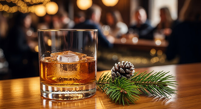 Whiskey drink with ice and pine branch at holiday gathering  