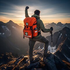 Successful mountaineer with a first aid kit celebrates reaching the summit at sunrise, a triumph of adventure and preparedness