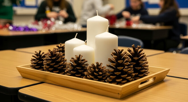 White candles and pine cones arranged on wooden tray for holidays  