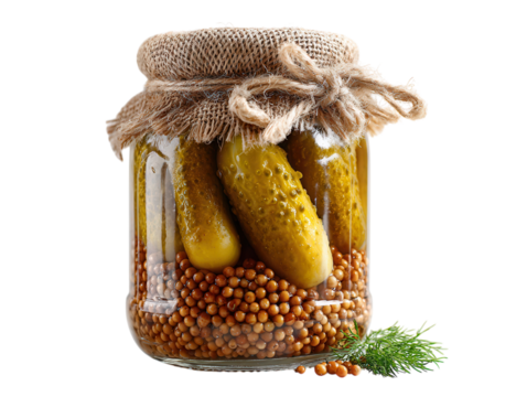 Glass jar of pickles with burlap lid on white background.