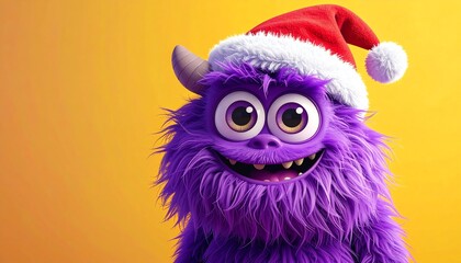 Fototapeta premium flauschiges lila Cartoon Monster mit Weihnachtsmannmütze und großen Augen - vor einem orangenen Hintergrund und Platz für eigenen Text