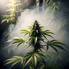A detailed close-up of a vibrant green cannabis plant with a flowering bud, enveloped in a mystical cloud of white smoke under dramatic lighting