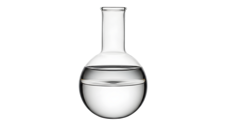 Clear liquid in a round bottom glass laboratory flask with a narrow neck isolated on a transparent background