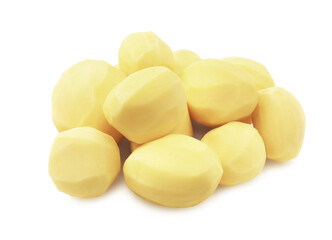 A pile of several raw, freshly peeled yellow potatoes, ready for cooking and isolated on a clean white background.