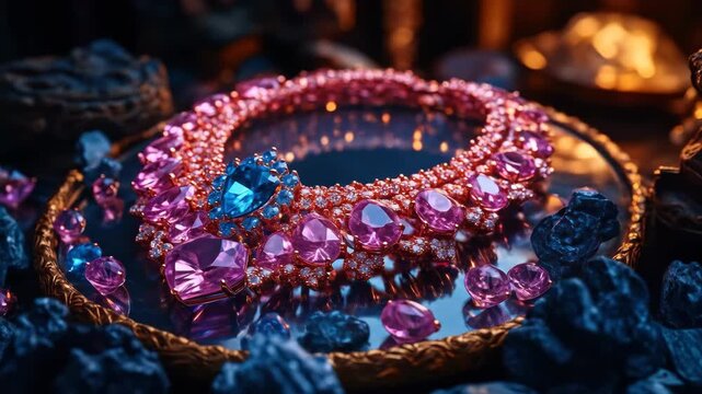 A close-up of a glamorous, bejeweled necklace resting on a reflective surface