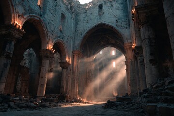 Naklejka premium Sunbeams illuminate the atmospheric interior of a crumbling medieval church