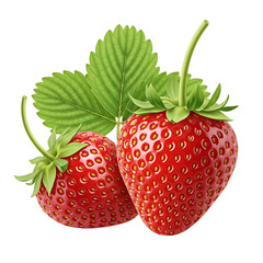Two ripe strawberries with green leaf isolated on transparent background