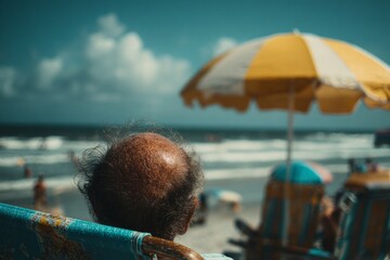 Balding man sitting on a beach chair, looking out at the ocean under a yellow umbrella