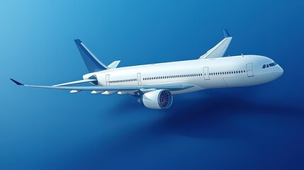 3D Render of Commercial Passenger Airplane in Flight Against Blue Background