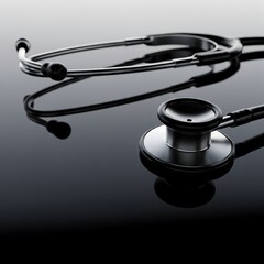 A professional medical stethoscope resting on a sleek, reflective black surface, symbolizing modern healthcare and clinical diagnosis