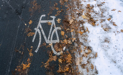 Blick auf einen Radweg im Winter bei Schnee und Laub, November