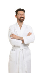 Handsome man wearing bathrobe on white background
