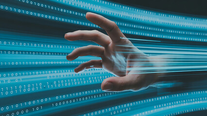 Digital transformation with binary code and hand gesture connection