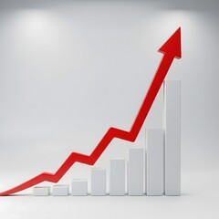 3D rendering of a rising bar chart with a red arrow pointing upwards, illustrating economic progress, investment returns, and market success
