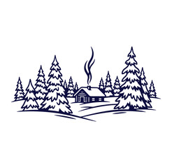 Winter cabin in the snowy forest with evergreen trees and smoke rising from the chimney