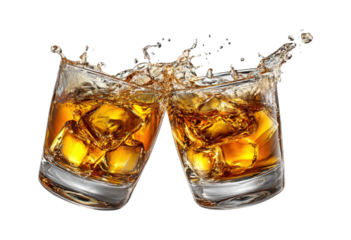 Two glasses of liquor with ice cubes in them