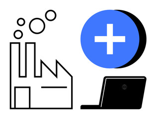 Industry innovation. Industry innovation with factory, laptop, and digital cross symbol. Industry innovation combining machinery and digital tools for productivity and growth. For manufacturing