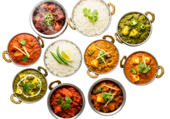Assortment of indian curries and rice dishes isolated on transparent background