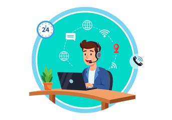 Customer service representative wearing headset working on laptop with icons representing communication, connectivity, and time, symbolizing support and assistance