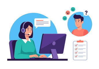 Customer service representative with headset working on computer, assisting a client with a checklist and feedback icons