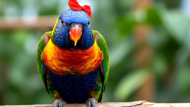 Rainbow lorikeet parrot with a small red bow on head
