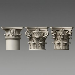 A set of three classical architectural column capitals, including ornate Corinthian and Ionic orders, shown as a detailed 3D digital illustration