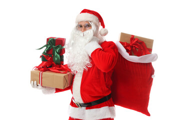 Santa Claus with bag and gifts on white background. Merry Christmas and Happy New Year